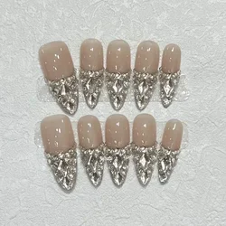 10Pcs Handmade Almond Press on Nails French Rhinestones Full Cover Fake Nails Retro Nude Manicure Ballet Wearable Nail Tips Art