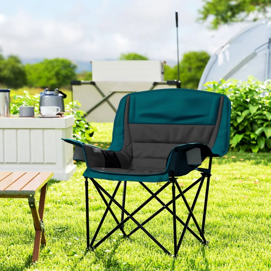 Kursi Berkemah Empuk untuk Dewasa Kursi Berkemah Lipat Portabel dengan Kantong Samping Tempat Cangkir Tas Jinjing Hitam