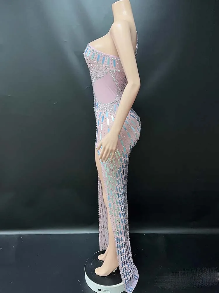 Robe à paillettes avec strass, haute qualité, Sexy, épaules inclinées, fente élastique, nouvelle mode, vêtements personnalisés pour femmes, 2025