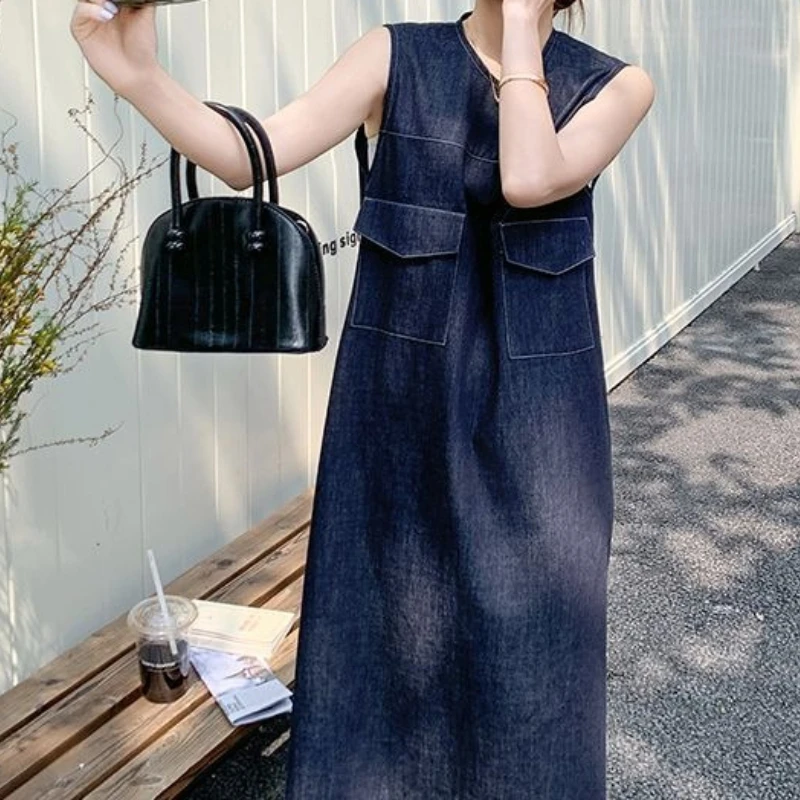 

Lace Stitching Sleeveless Denim Dress Women's Summer Thin Vest Long Dress