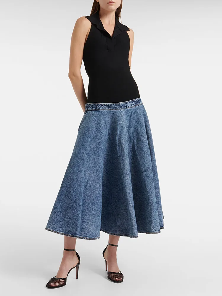 

Skirt y2k spring/summer clashing knit thread splicing big hem skirt midi dresses2024 high waist washed denim skirts for women