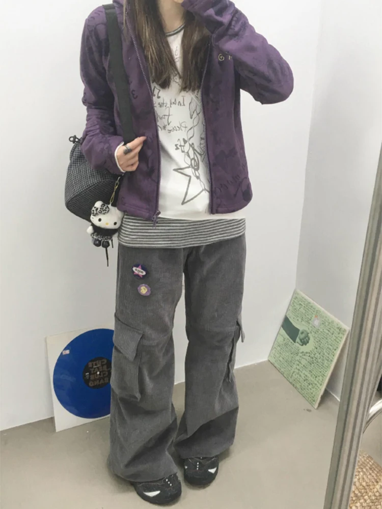 

Винтажные серые вельветовые брюки-карго женские осенне-зимние новые свободные слегка расклешенные брюки с низкой талией y2k Spicy Girl