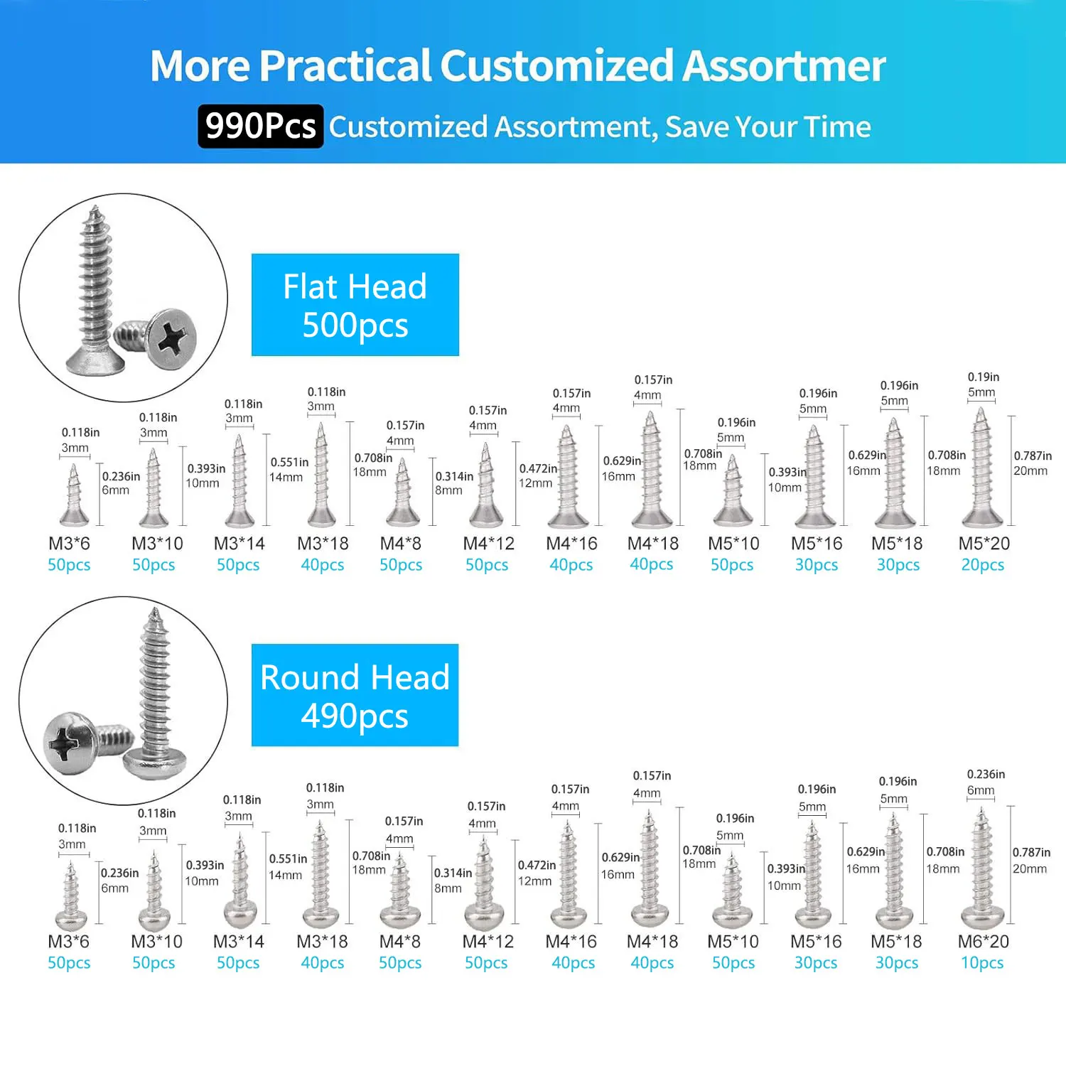 990Pcs Stainless Steel Self Tapping Screws - M3-M4-M5-M6 Phillips, 500 Flat+490 Round Head, for Deck Drywall Metal Plastics Wood
