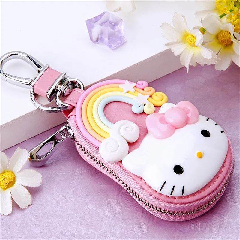 Lovely Sanrio Hello Kitty Keychain Car General Key Leather Case Keychain Protective Case Decorative Product Car Key Holder Purse