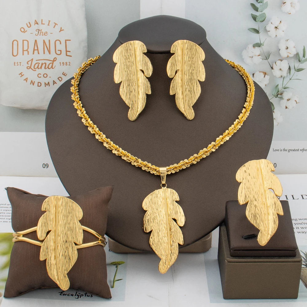 Simple Gold Color Copper Plant Leaf Earrings Chain Bangle Ring for Women Italy Fashion Statement Bracelet Necklace Jewelry Gift