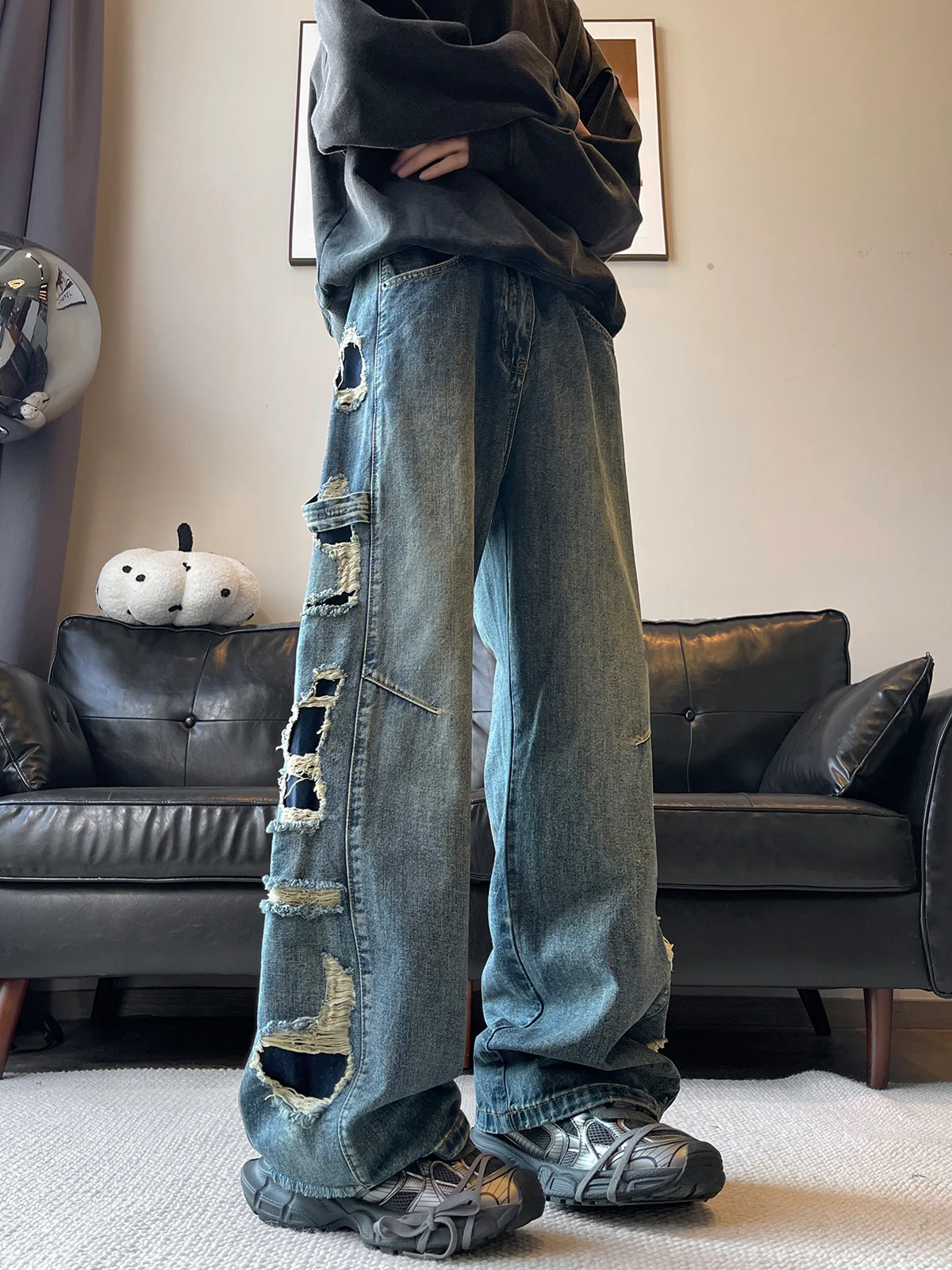 

American Sle Vintage Men's Jeans Wide Leg Pants Loose Straight Fit Water Waed Trendy Design Casual Straight Jeans
