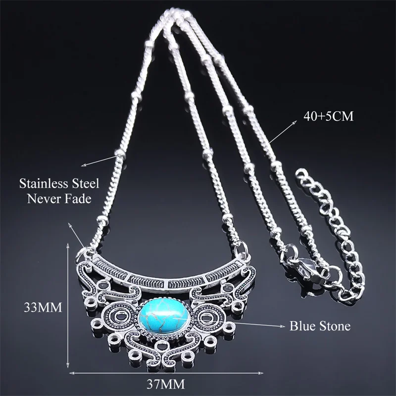 Aesthetic Ethnic Boho Flower Shape Necklaces for Women Stainless Steel Bohemia Blue Stone Hollow Choker Necklaces Jewelry N7946S