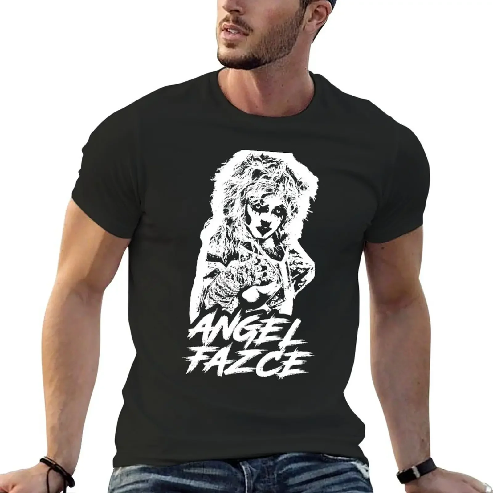 

Angel Fazce (White Goth Outline/Black background) T-Shirt anime clothes summer clothes mens designer t shirt