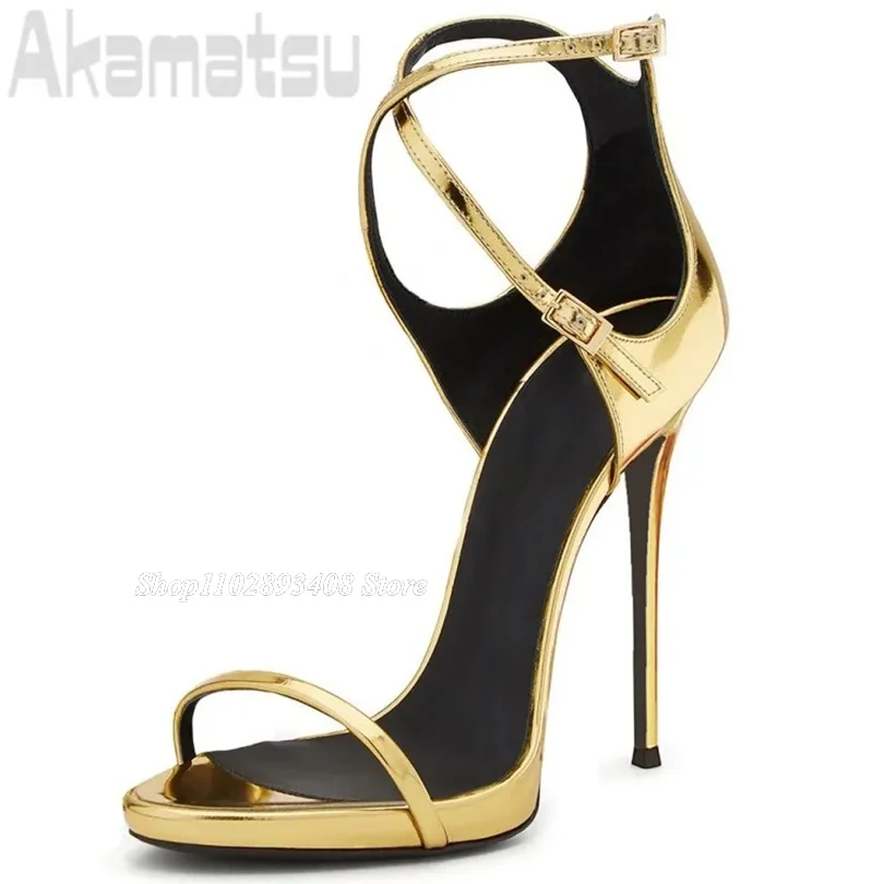 

Gold Cover Heels Stiletto Sandals Open Toe Ankle Buckle British Style Party Casual Fashion Women Shoes 2024 Zapatos Para Mujere