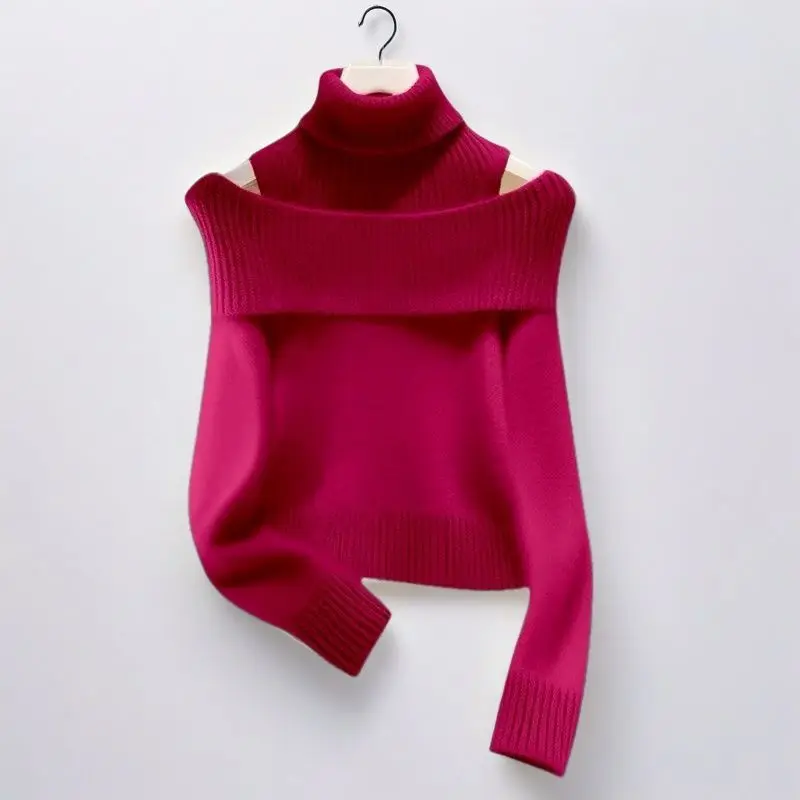 

Fashionable Cool Off-shoulder Half-turtleneck Sweater Slim and Temperament Fake Two-piece New Style Underwear for Women