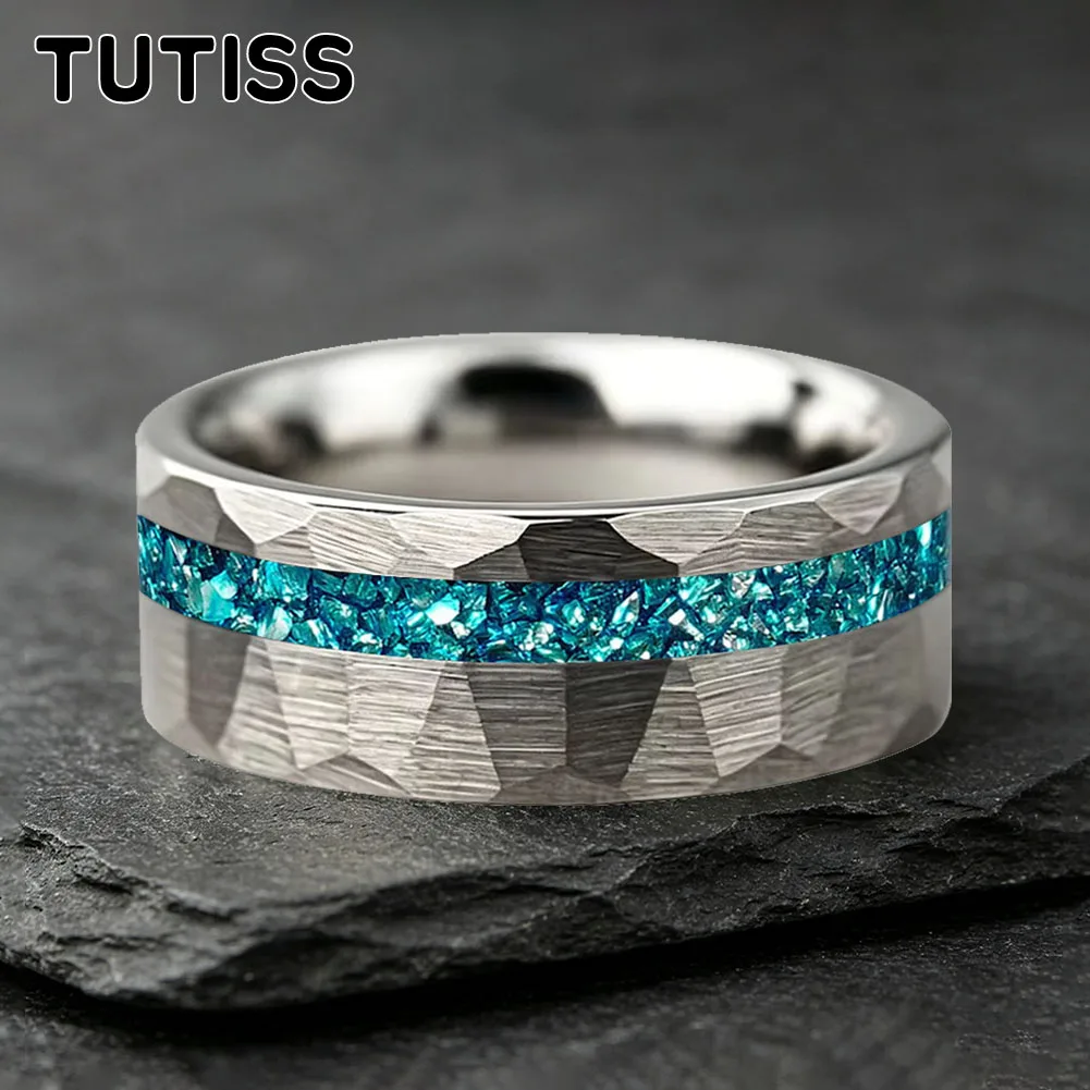 TUTISS 6/8mm Hammered Offset Groove Inlaid Blue Crystal Stone Tungsten Carbide Ring, Couple Ring, Anniversary Commemorative Ring view 3
