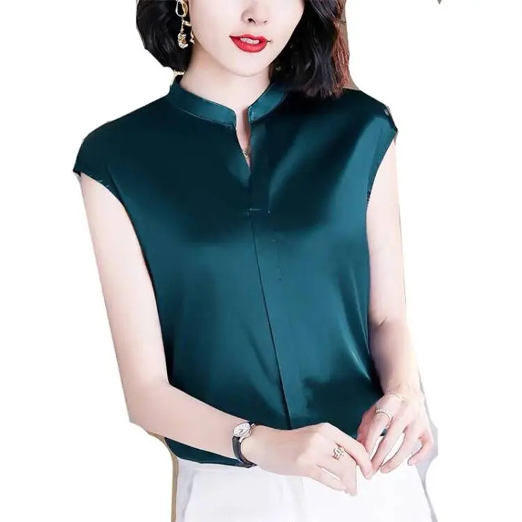 

Summer Office Lady Silk Satin plus size korean streetwear Shirt Women's stand V Neck Solid Color Elegant Blouses roupas