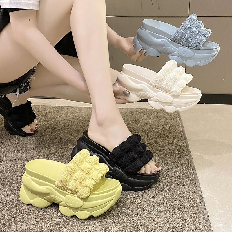 New Summer Women Slippers Flip-Flops Wedge Heels Shoes Woman High Platform Slippers Blue Outside Sandals 8CM Ladies Beach Shoes