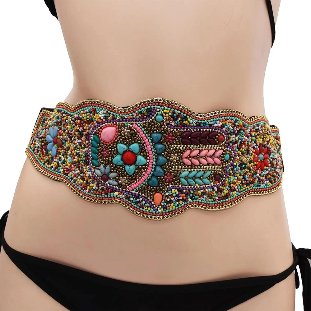 Handmade Waistbands Boho Ethnic Elastic Waist Belt Resin Beads Flower Belly Waist Chains Dress Belts Indian Party Body Jewelry