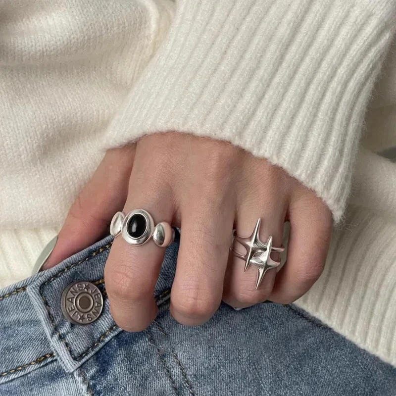 Punk Silver Color Copper Stars Open Rings for Women Men Fashion Adjustable Couple Rings Y2K Hip Hop Vintage Ring Jewelry Gift image 4