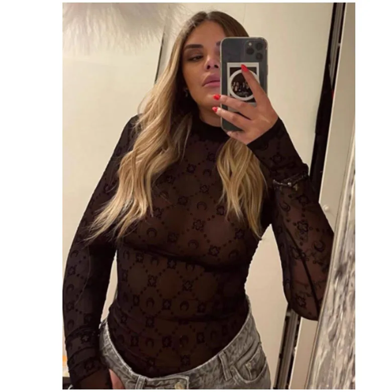 Dames T-shirt met lange mouwen, Koreaans sexy zoet pittig topje, uitgeholde mesh, pluche maanprint, street shorts, paddenstoelrand, nauwsluitend - afbeelding 1