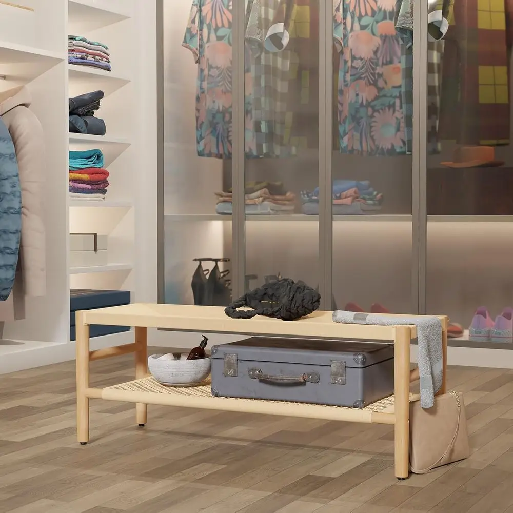 مقعد تخزين الأحذية من الروطان الطبيعي 38.5 بطبقتين مع أرجل من الخشب الصلب، أثاث أنيق للمدخل للمنزل