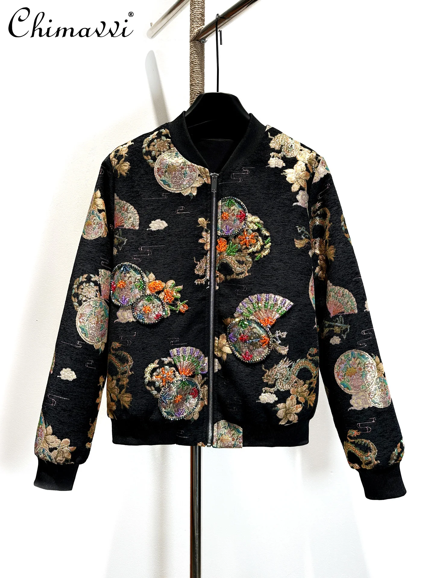 

Vintage Heavy Beading High-End Elegant Jacquard Jacket Coat Women Spring and Autumn New High-End Long Sleeve Short Coat Top