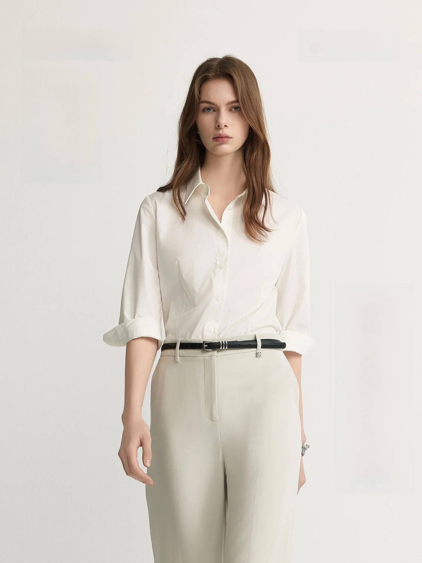 PRICH Simple Elegance Turn-down Collar 7/8 Sleeve Shirt Women's Business Casual Slim Fit Summer New Style Commuting Top