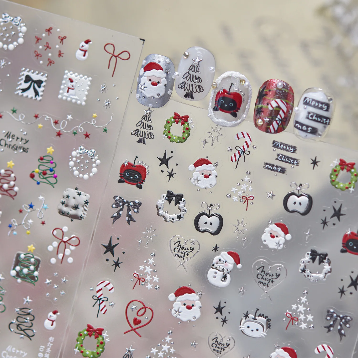 Xmas 5D Nail Stickers Black Cat Santa Snow‑man Apple Bow Christmas Wreath Stars Candy Cane Heart Balloon Nail Art Decorations