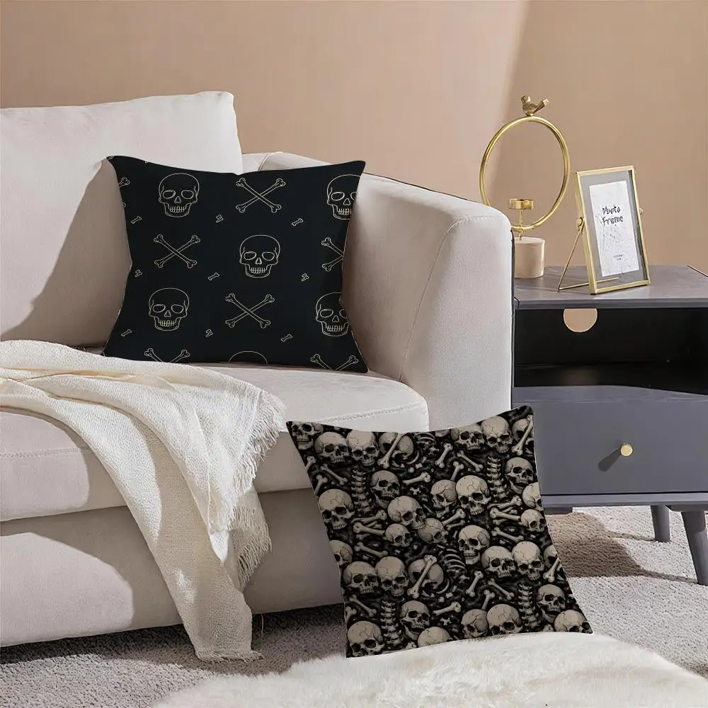 Halloween Skull & Bones Pattern Cushion Cover Pillowcase Short Plush Invisible zipper Room Sofa Cushion Cover