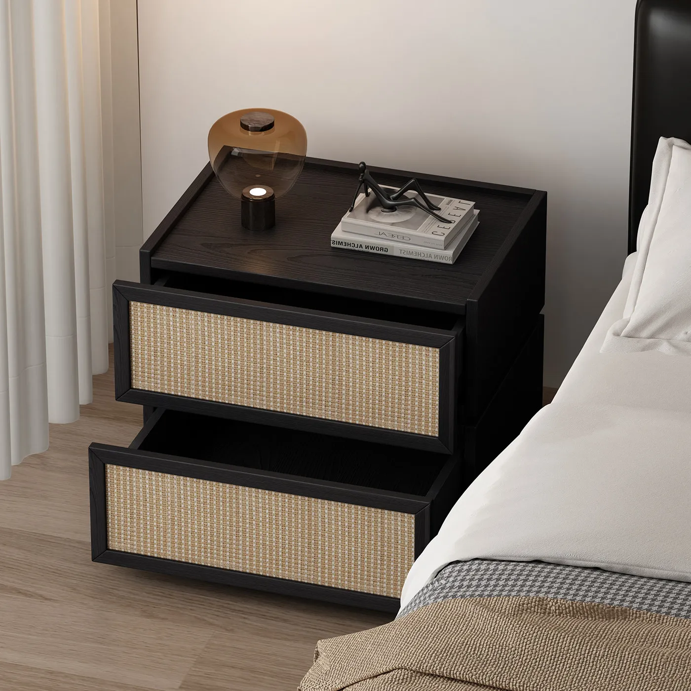 Simple modern solid log wind bedside table Nordic creative Japanese rattan cloth bedroom Famous hotel high-end bedside table