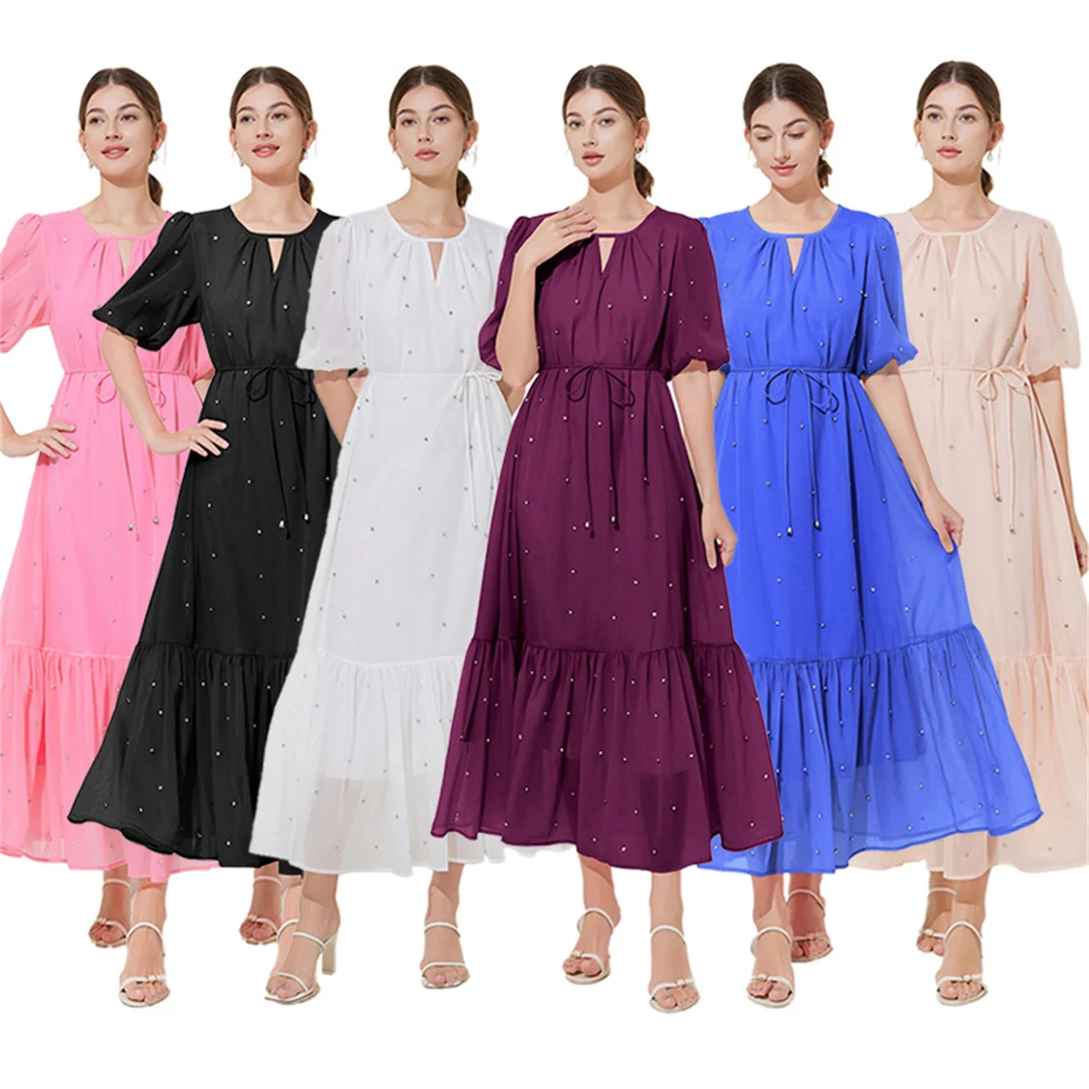 

Women's Solid Spliced Loose Dress O-Neck Short Sleeve High Waist Fashionable Temperament Beads Long Dress Female New