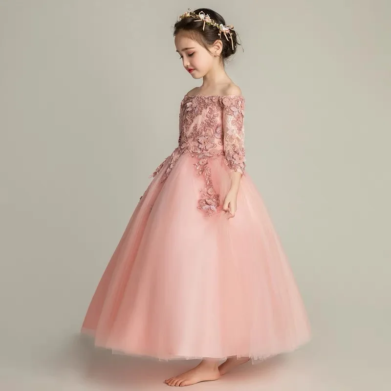 Flower Girl Dresses for Wedding Beads Appliques Off Shoulder Evening Formal Prom Long Gown Kids Birthday Party Princess Vestidos