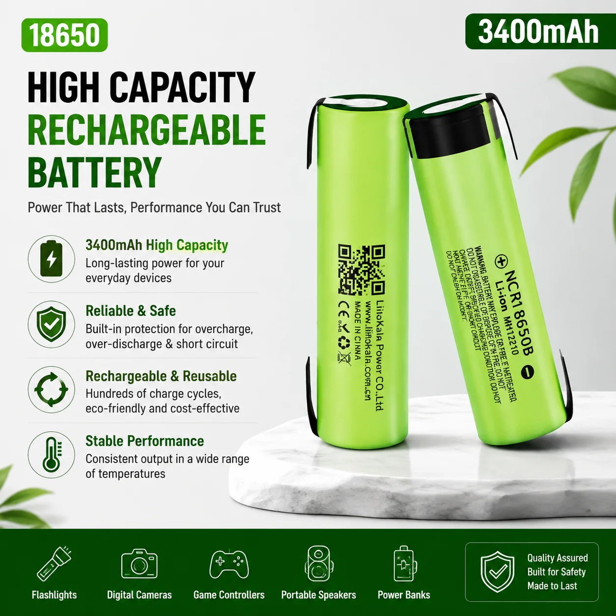 Hochleistungs-NCR18650B 18650 3,7V 3400mAh wiederaufladbare Lithium-Ionen-Zelle mit vorgelöteten Nickelanschlüssen, lange Lebensdauer von über 1000 Zyklen für DIY-Akkupacks, E-Bike-Powerbanks,