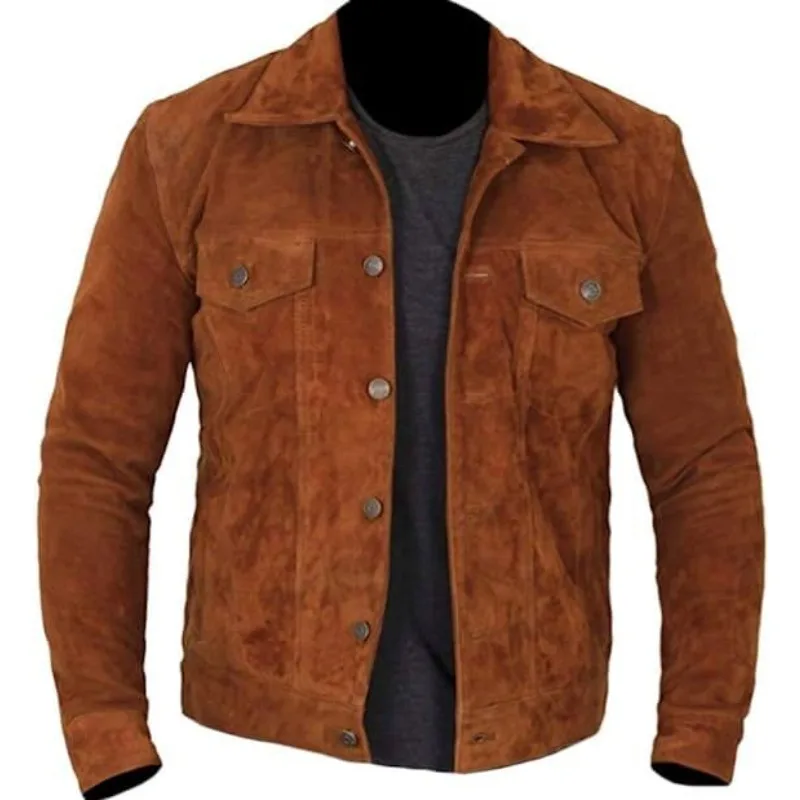 

Men's True Suede Leather Brown Jacket Fashion Rider Retro Button Coat Men Clothing