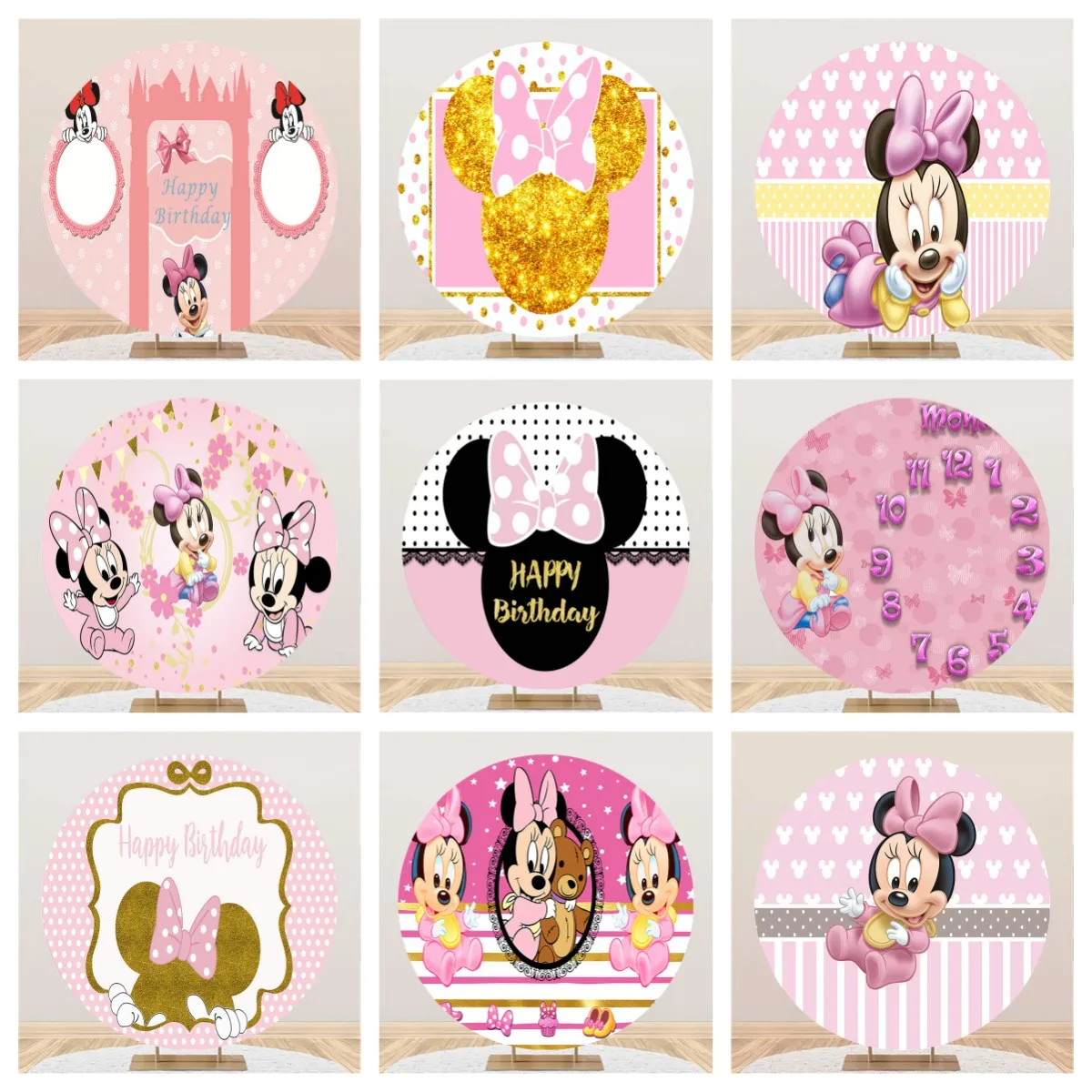 Disney cubierta de fiesta de cumpleaños para niñas, pancarta de estudio fotográfico, dibujos animados personalizados, Margarita, rosa, bebé, Minnie Mouse, fondo redondo