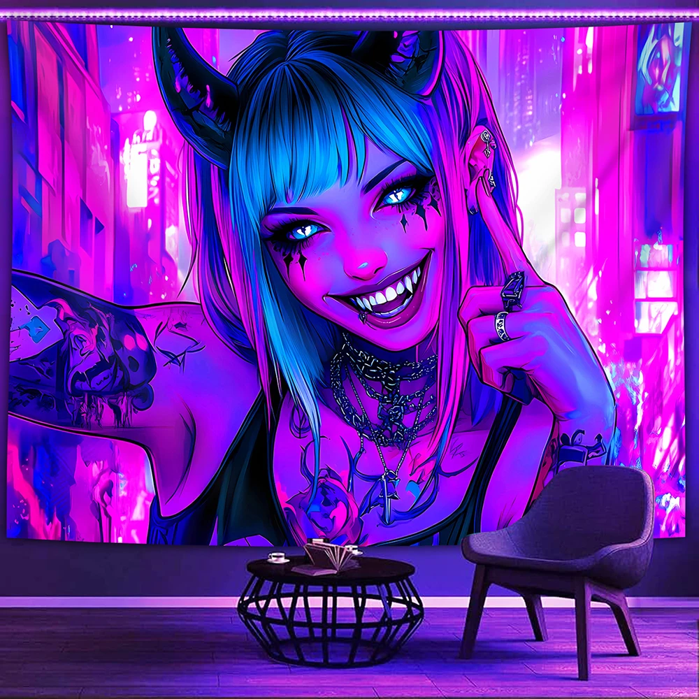 1pc  Neon Cyberpunk Demon Girl Blacklight Tapestry,  Punk LED Glow Wall Hanging for Bedroom Living Room Decor