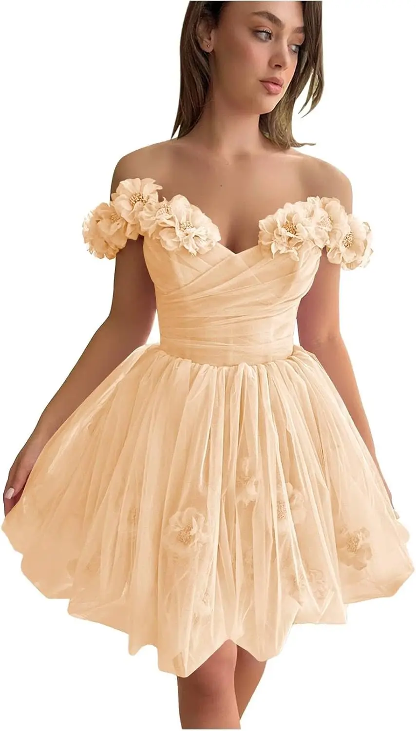 

3D Flowers Tulle Homecoming Dress Short Off The Shoulder Fairy Dress Cocktail Party Gowns Above Knee , Mini