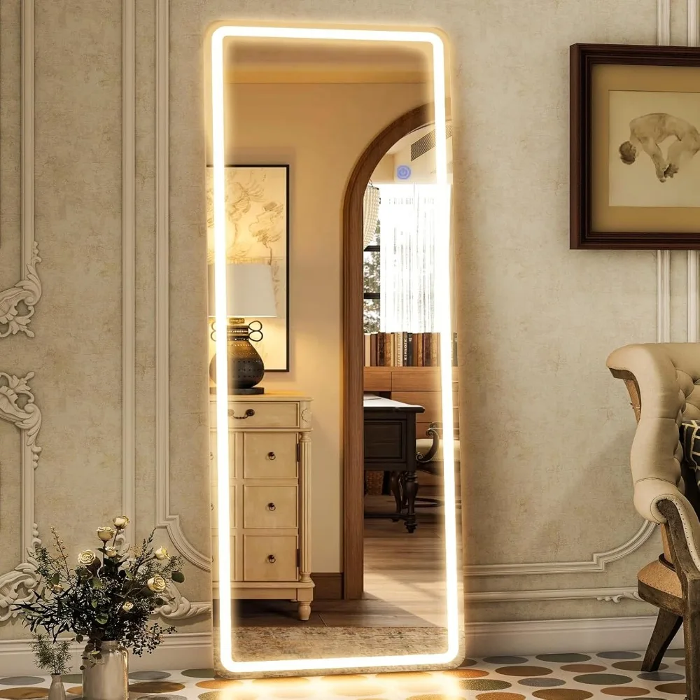Miroir pleine longueur LED 64" x 21" avec lumières, mural ou sur pied pour chambre à coucher, salon, salle de bain