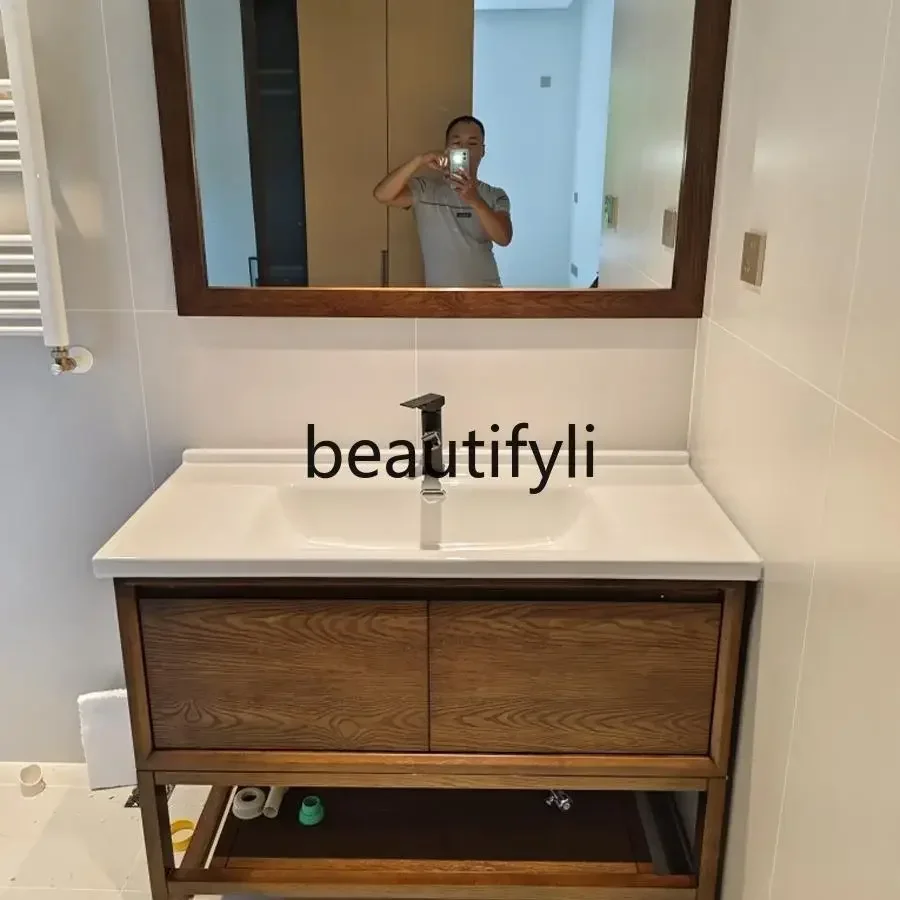 yj57 American solid wood bathroom cabinet combination floor-to-ceiling rock slab ceramic integrated basin toilet washbasin