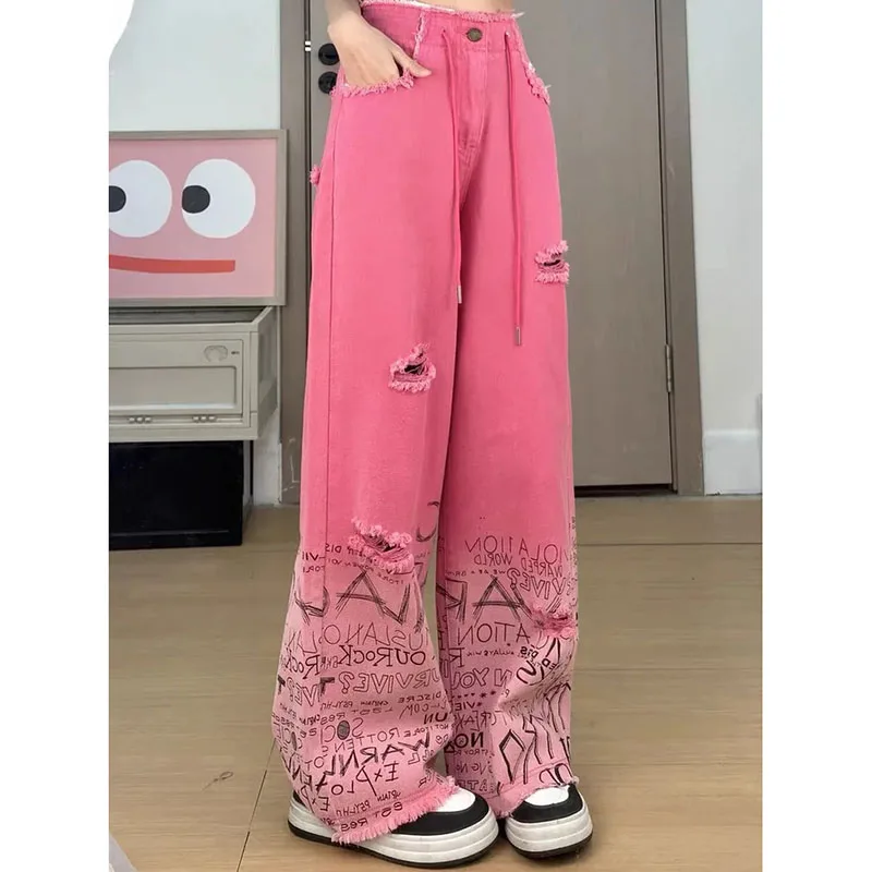 Fashion Dopamine Pink Pocket Zipper Pants Women's Summer Design Sense Hole Graffiti Raw Edge High  Wide Leg Jeans Mopping Floor