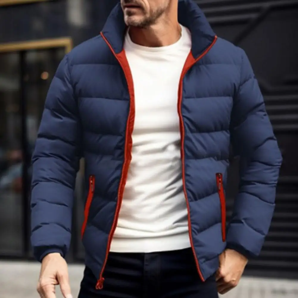 

Men Jacket Quilted Puffer Jacket with Stand Collar Side Pockets for Men Full Zipper Closure Solid Color Thickened for Winter