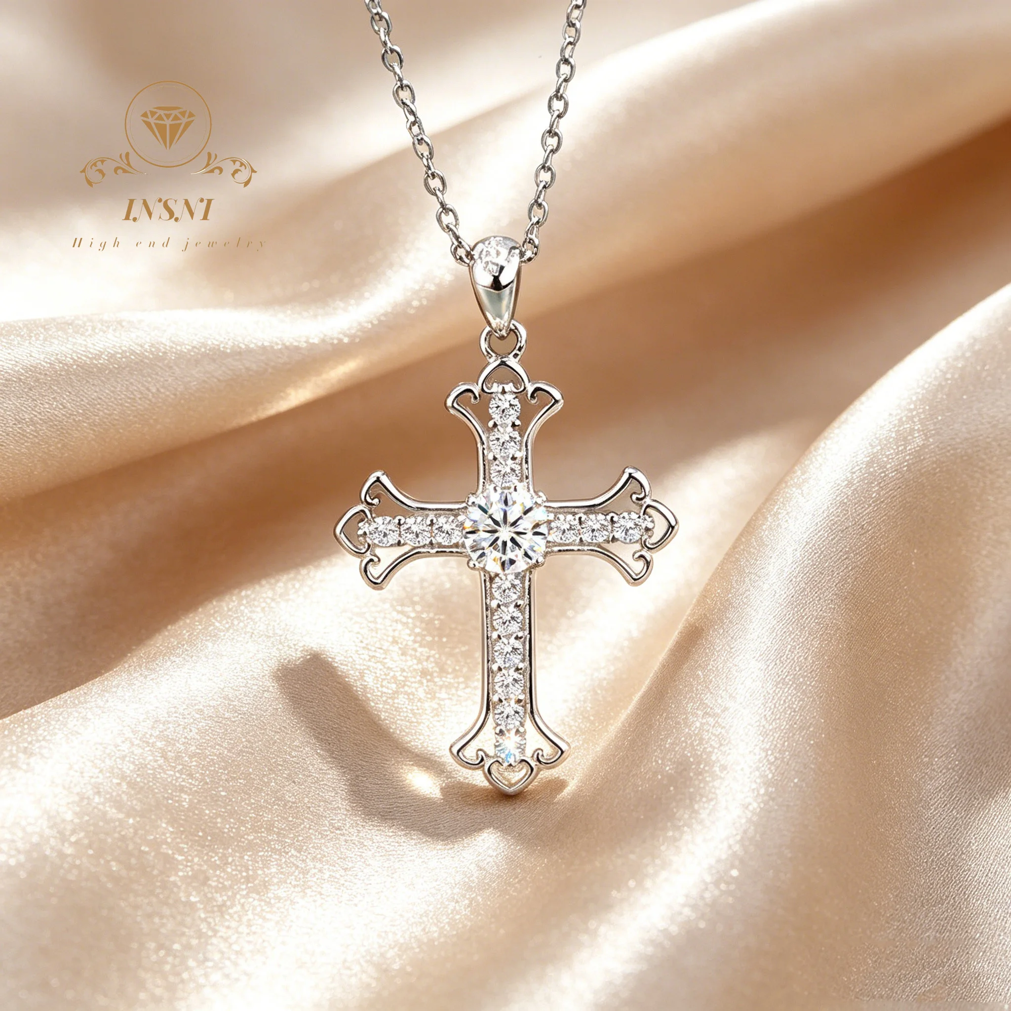 

S925 Sterling Silver Moissanite Cross Necklace Jewelry Women's Simple Pendant Sweater Chain Collarbone Neck Chain Devotion