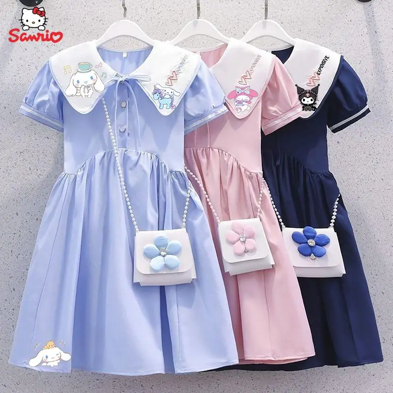 Melody Cinnamoroll Kuromi Princess Dress Anime Cartoon Sanrio Summer Thin Child Skirt Student Doll Collar Short Sleeve Dress