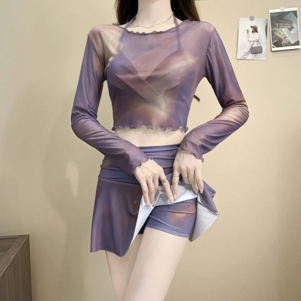Casual Tie-dye 3 in 1 Swimwear Set Sun Protection Purple Long Sleeve Swimsuit camisole Beachwear Bikini Bathing Suit Beach