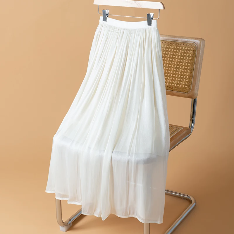 Summer Shiny Chiffon Pleated Party Long Skirt Women Elegant Fashion Elastic High Waist A-line White Black Solid Midi Skirts