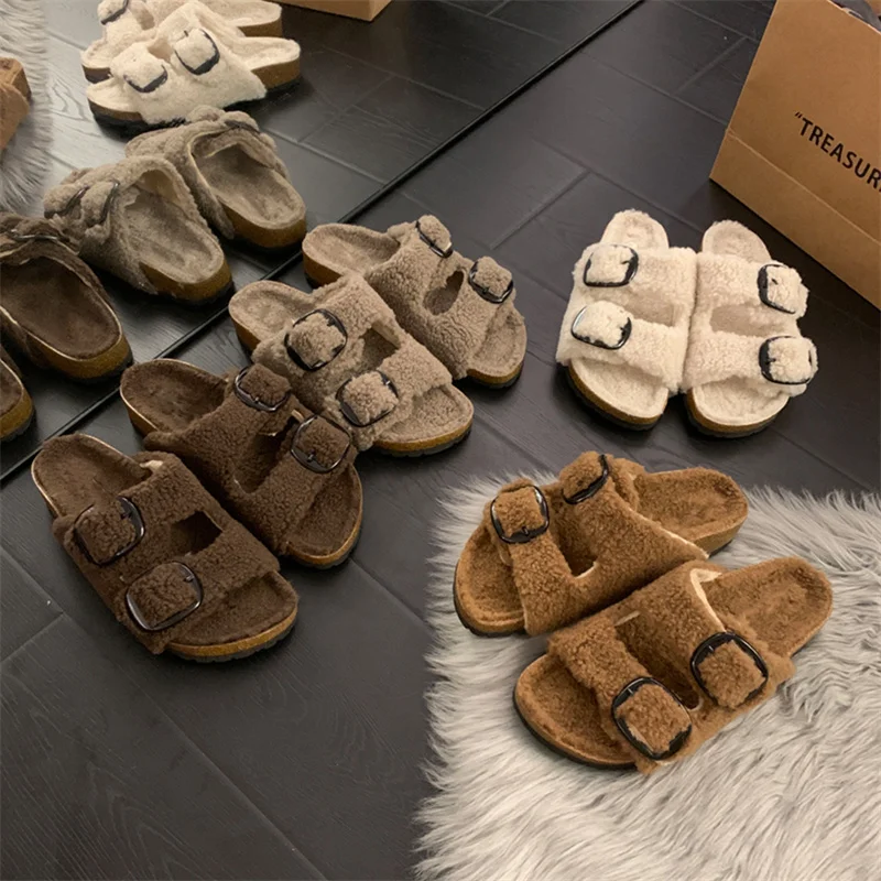 2022 Winter Fur Slippers Fashion Comfortable Soft Warm Flat Shoes Brand Designer Loafers Loafers Mules Flip-Flops Casual Indoor