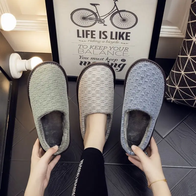 Unisex Autumn Winter Warm Fuzzy Slippers with Back Couple Indoor Home Non-Slip Soft Bottom Plush Lined House Footwear
