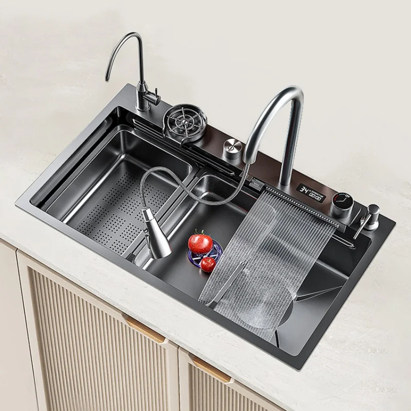 Kitchen Sink with Waterfall Faucet 304 Stainless Steel Temperature Display Hot Cold Water Tap Tool Holder Cup Washer Inset Basin