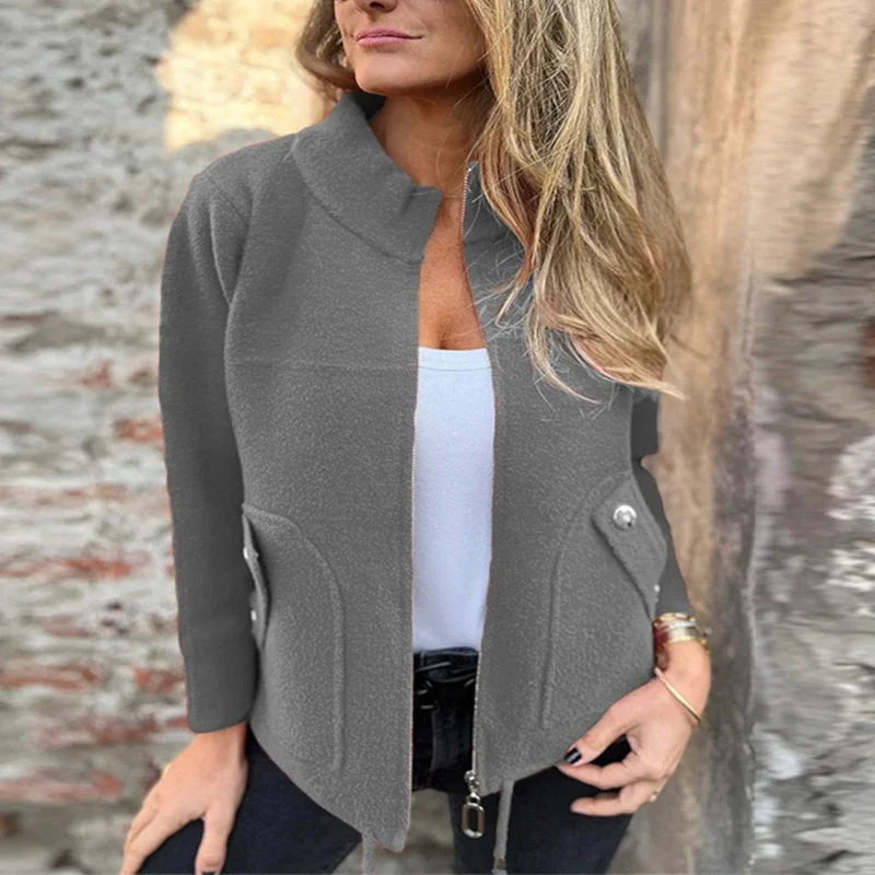 

Elegant Zipper Coat Women Casual Pocket Long Sleeve Turn Down Collar Autumn Winter Jackets for Women Commuting Outerwear