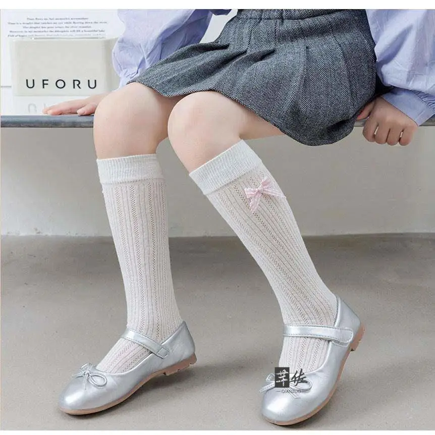 Princess Style Children's Thin Summer Socks with Bowknot for Girls Knee-high Grey  Knot Kids' Stockings Korean Version