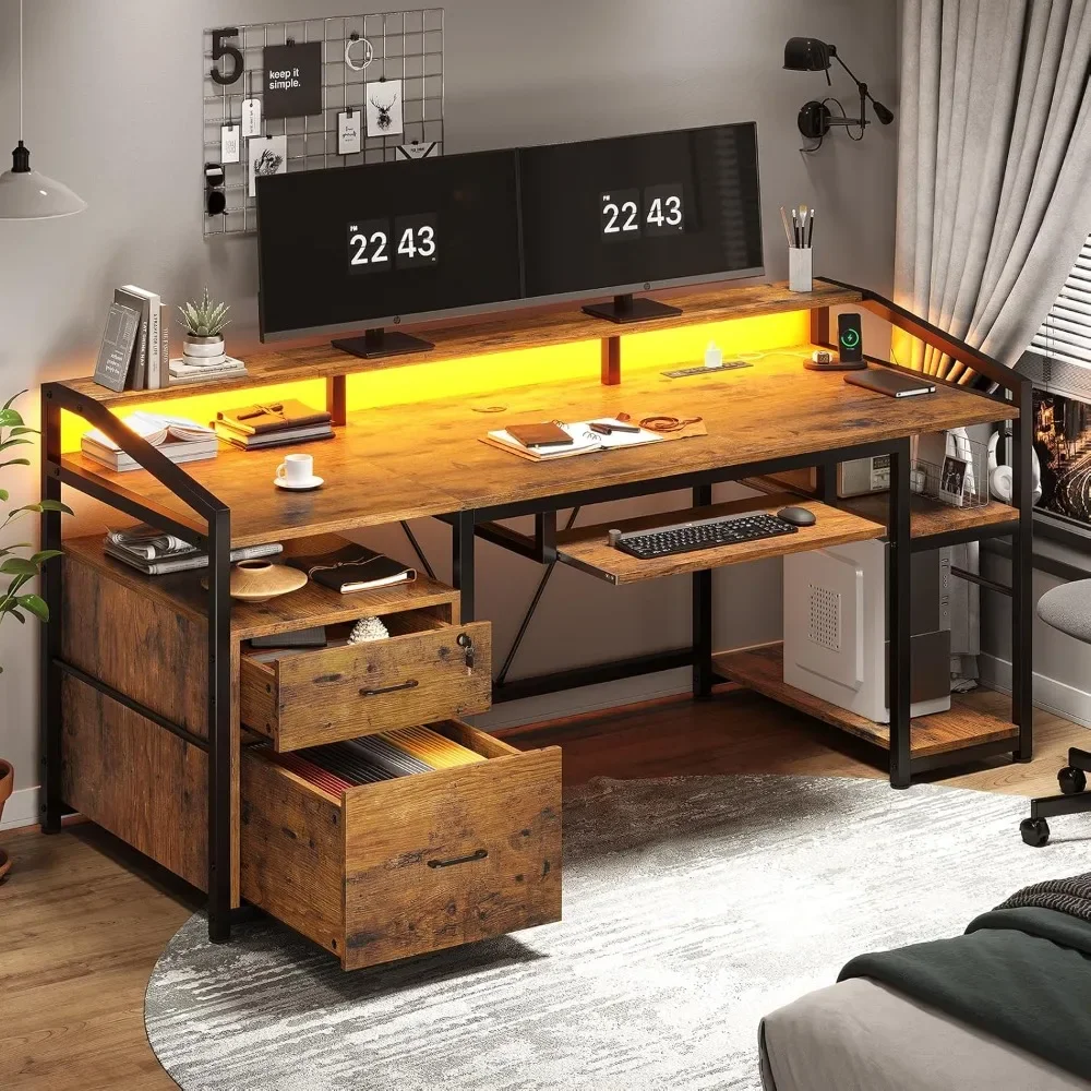 Bureau d'ordinateur avec lumière LED et prise de courant, bureau de jeu avec verrouillage, égouts à proximité pour fichier juridique et lettre, 63 po