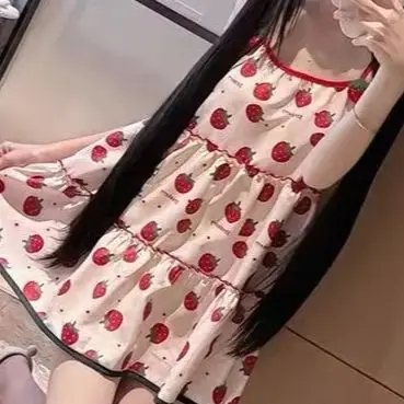 

Gagarich Strawberry Printed Sweet Camisole Dress Cute Dress Stylish Three-dimensional Decoration Design Short Summer Dresses