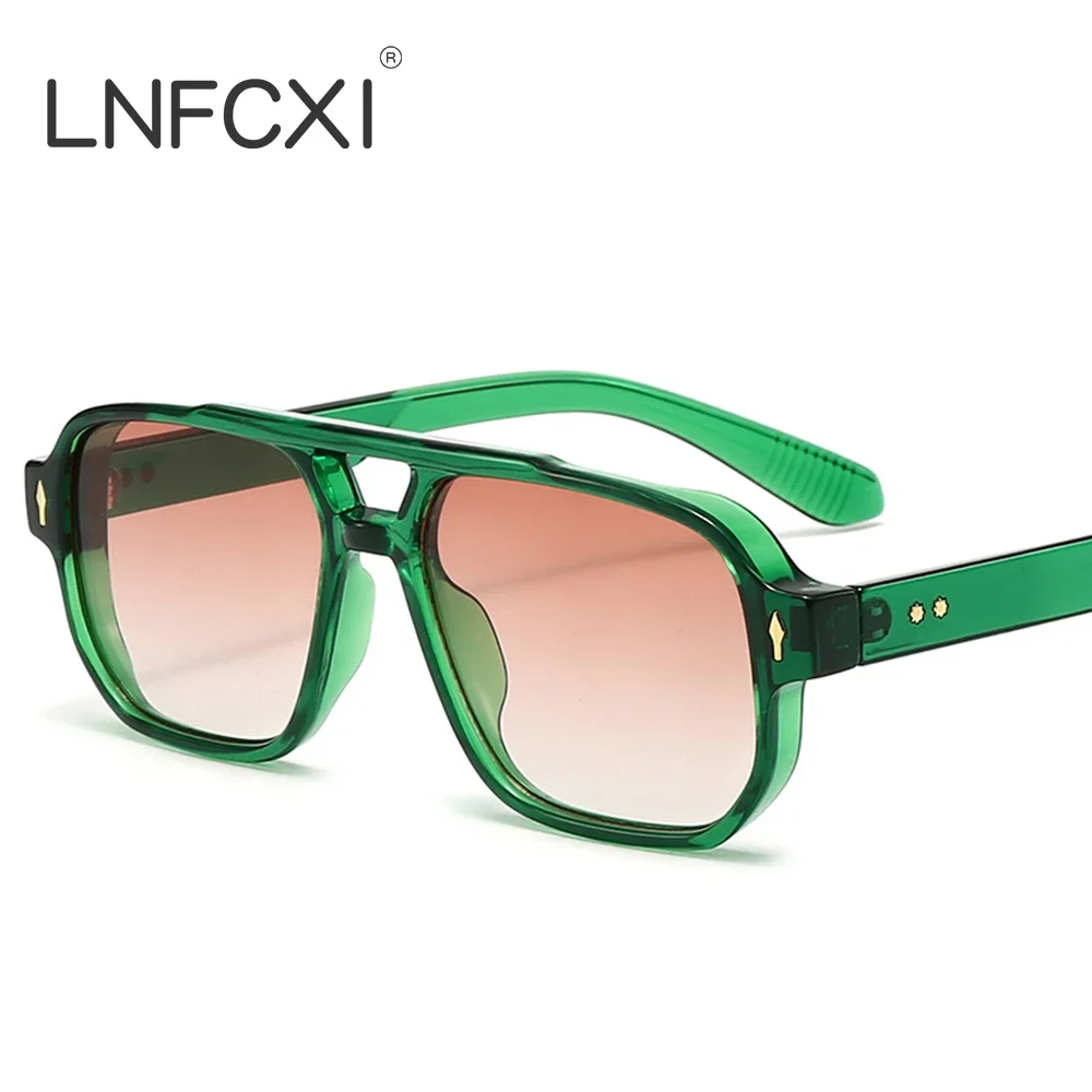 JNPCXI Vintage Double Bridges Men Square Sunglasses Fashion Green Ocean Lens UV400 Eyewear Women Trending Rivets Sun Glasses