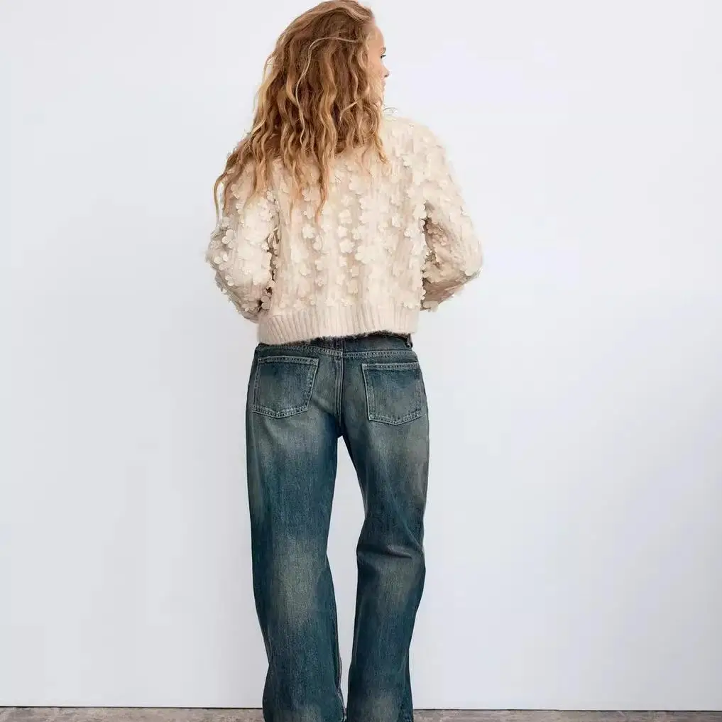 Autumn Winter New Women's Long Sve Knitted Sweater Flower Decoration Splicing Sweet Sle Loose Fit Polyester Fiber  KISS